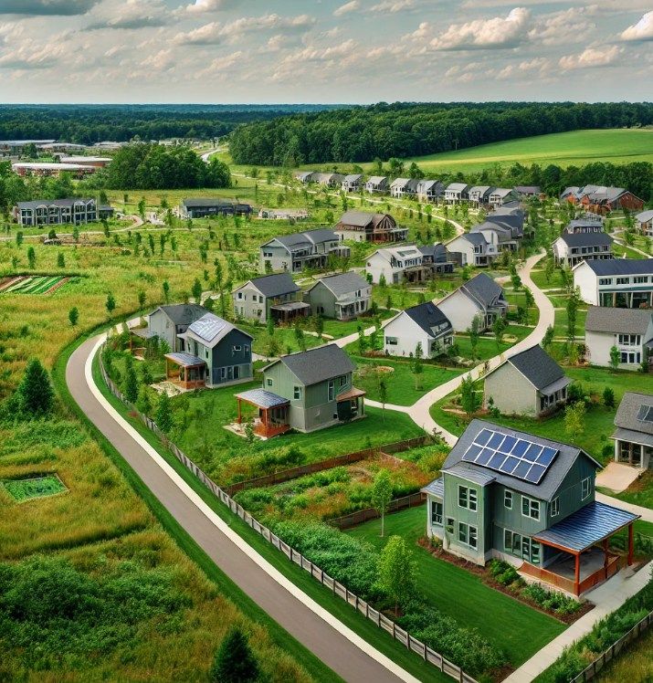Rendering of a clustered conservation neighborhood with homes grouped among meadows, gardens and a curving trail