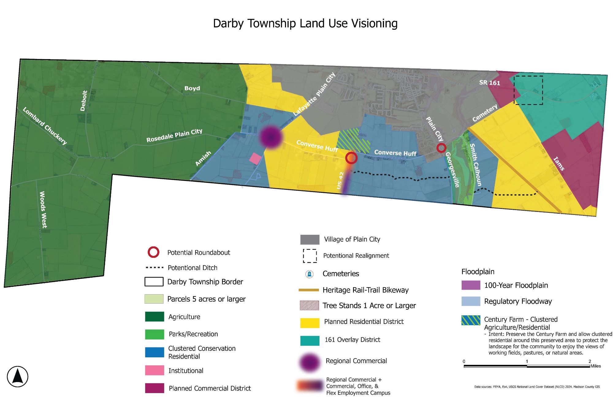 Darby Township Land Use Visioning map showing agriculture, clustered conservation residential, planned residential, planned commercial, the 161 Overlay District, regional commercial nodes and the Heritage Rail-Trail