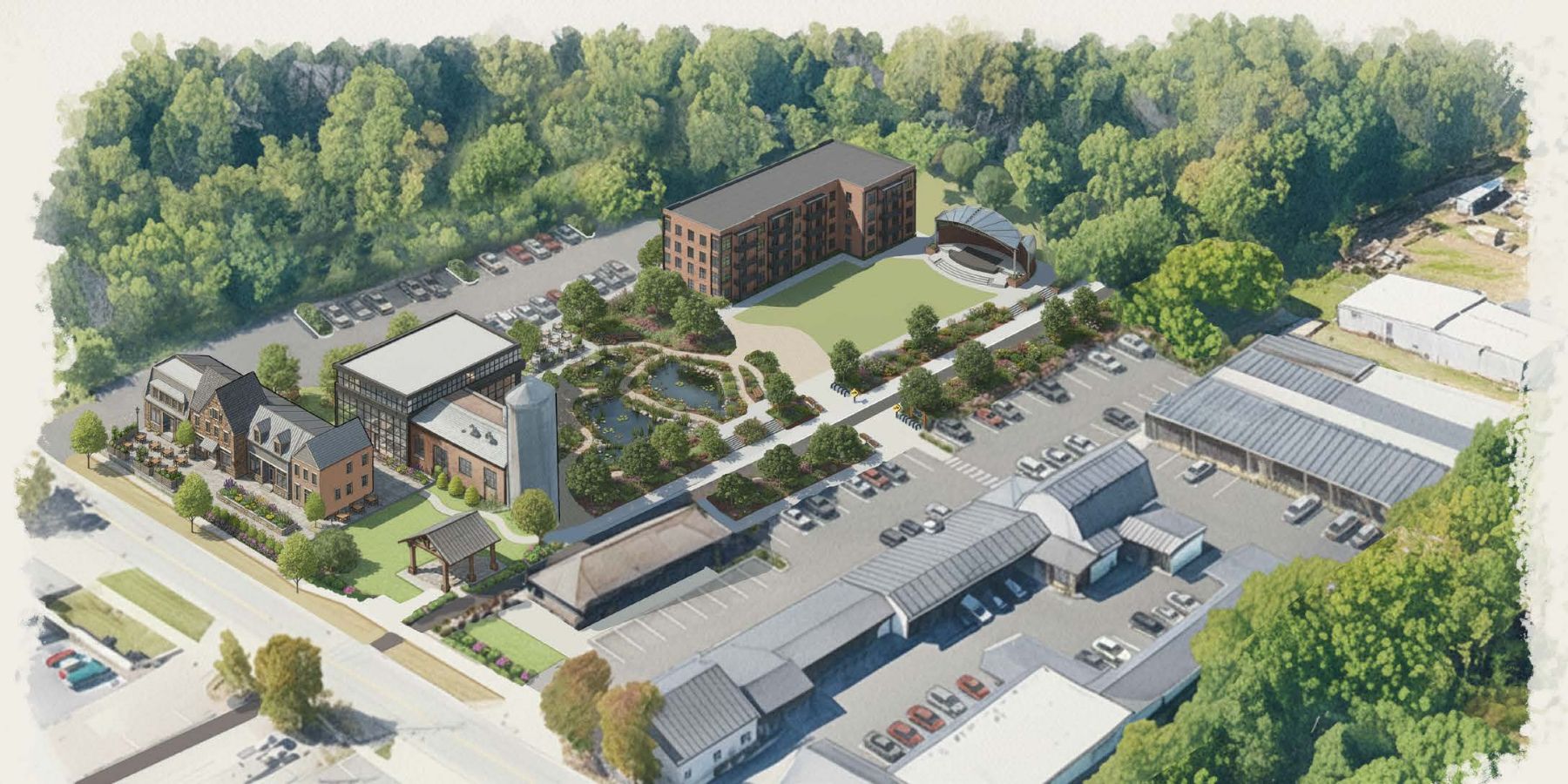 Illustrated aerial perspective of a proposed mixed-use site with a mill building, apartments, gardens, ponds and an amphitheater lawn