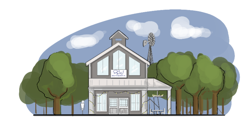 Illustration of a proposed two-storey gabled commercial building with large windows, a covered porch and a windmill, set among trees