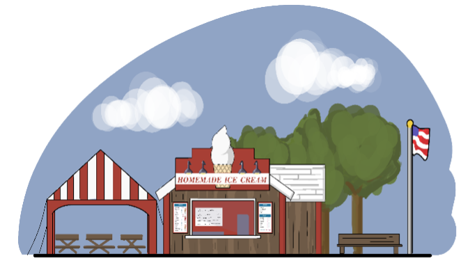 Illustration of a proposed homemade ice cream stand with a menu board, alongside a striped open-air picnic shelter and a flagpole